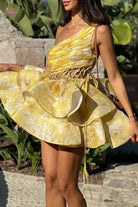One-Shoulder Lace-Up Corset Tiered Organza Mini Dress | Floral - Epicplacess