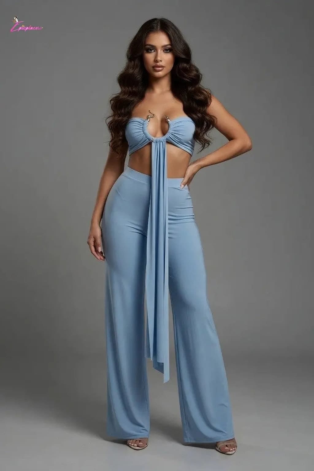Serpent Charm Ruched Crop & Wide-Leg Pant Set - Epicplacess