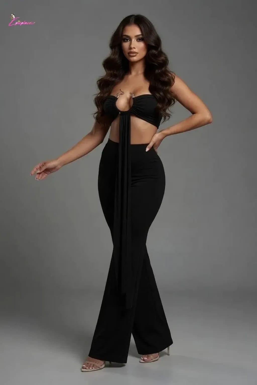 Serpent Charm Ruched Crop & Wide-Leg Pant Set - Epicplacess
