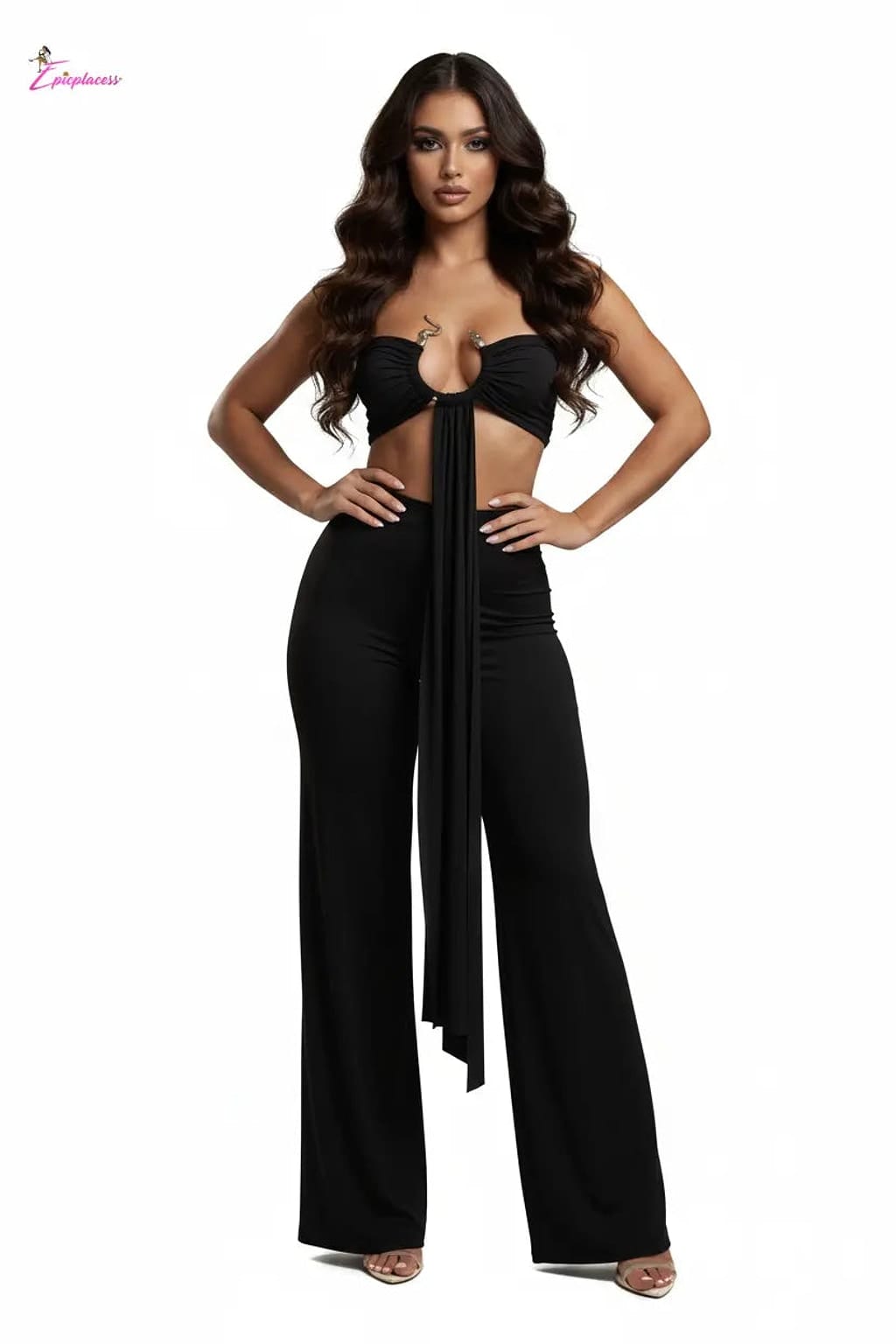 Serpent Charm Ruched Crop & Wide-Leg Pant Set - Epicplacess