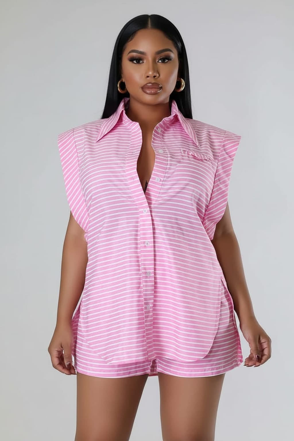 Striped Sleeveless Button-Down Shirt & Shorts Co-Ord Set - Epicplacess