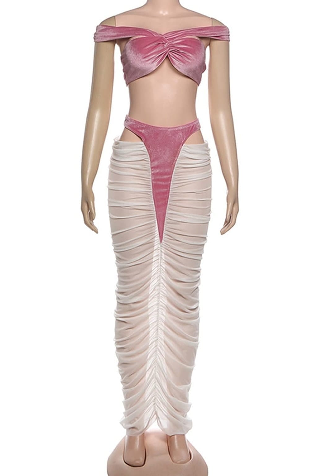 Pink off-shoulder maxi skirt set front view - Epicplacess