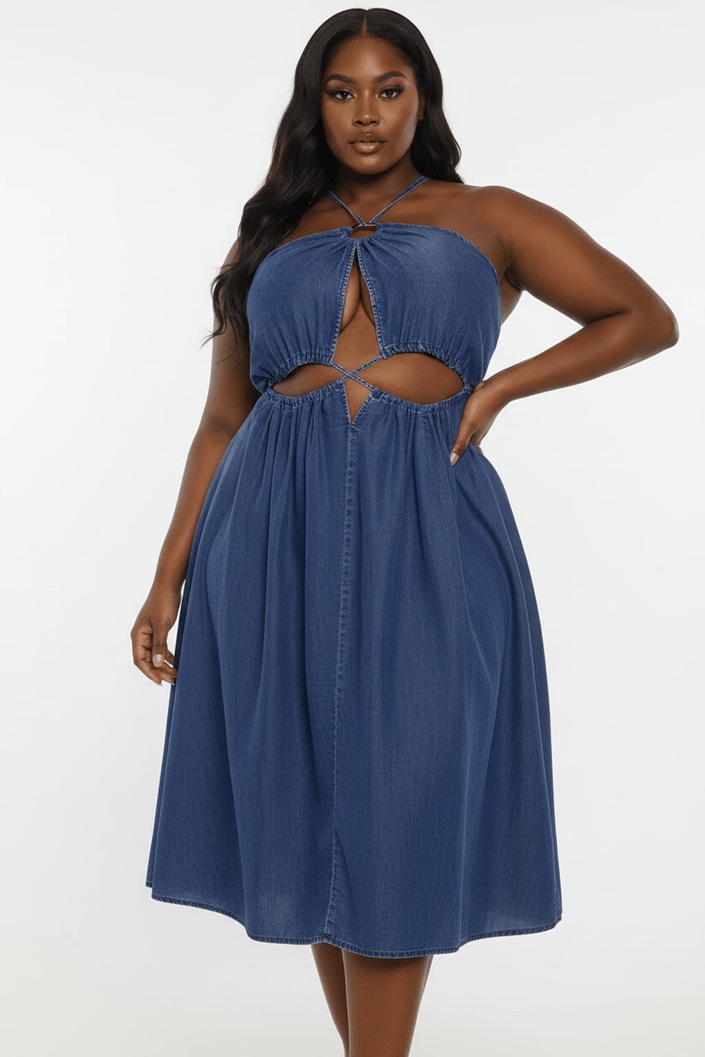 Plus Size Denim Halter Cutout Maxi Dress - Detail Studio Enhanced