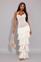 Ivory fringe maxi dress front view - Epicplacess