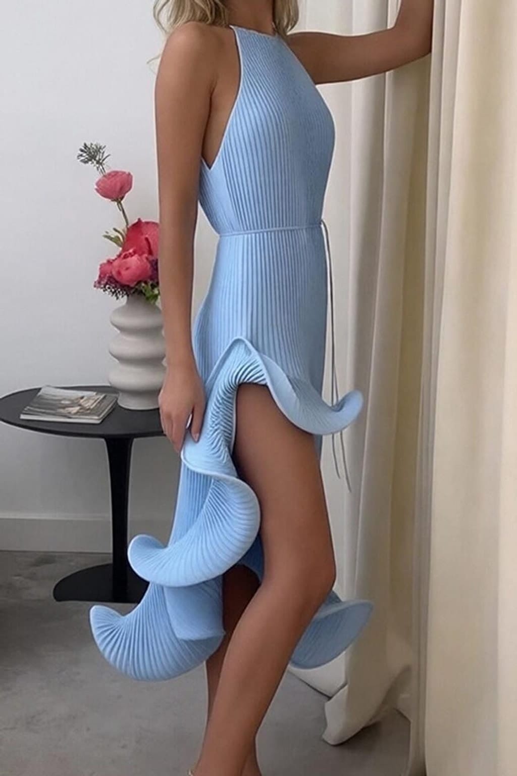 Women's Sculptural 3D Ruffle Halter Midi Dress | Blue Pink Yellow