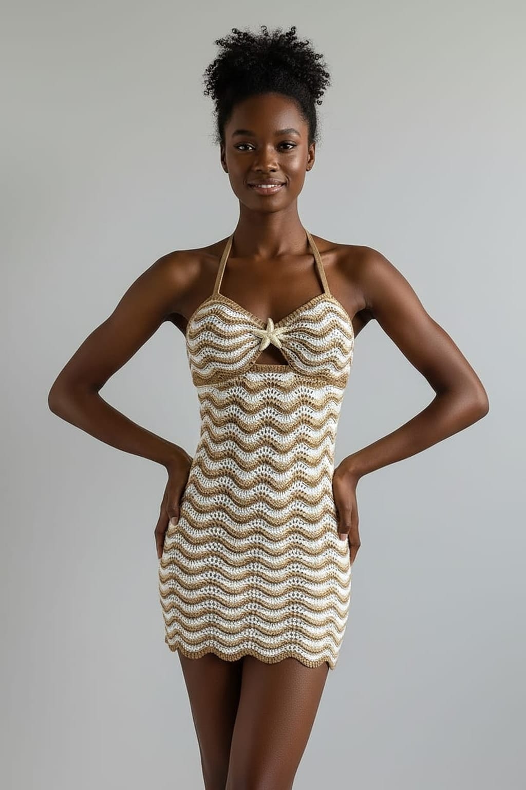 Beige and white crochet dress on a mannequin against a beige background