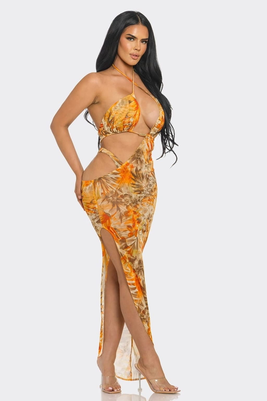 Women's Tropical Print Halter Cutout Mesh Maxi Dress
