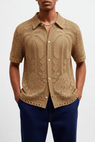 Men's Gold Crochet Lace Shirt – Front View on Model