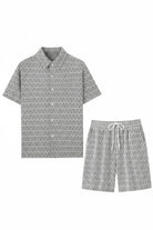 Gray geometric jacquard shirt and drawstring shorts flat lay - Epicplacess