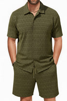 Men's dark olive geometric arrow jacquard shirt and shorts set - Epicplacess