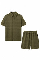 Olive green geometric jacquard button-up shirt and shorts flat lay - Epicplacess