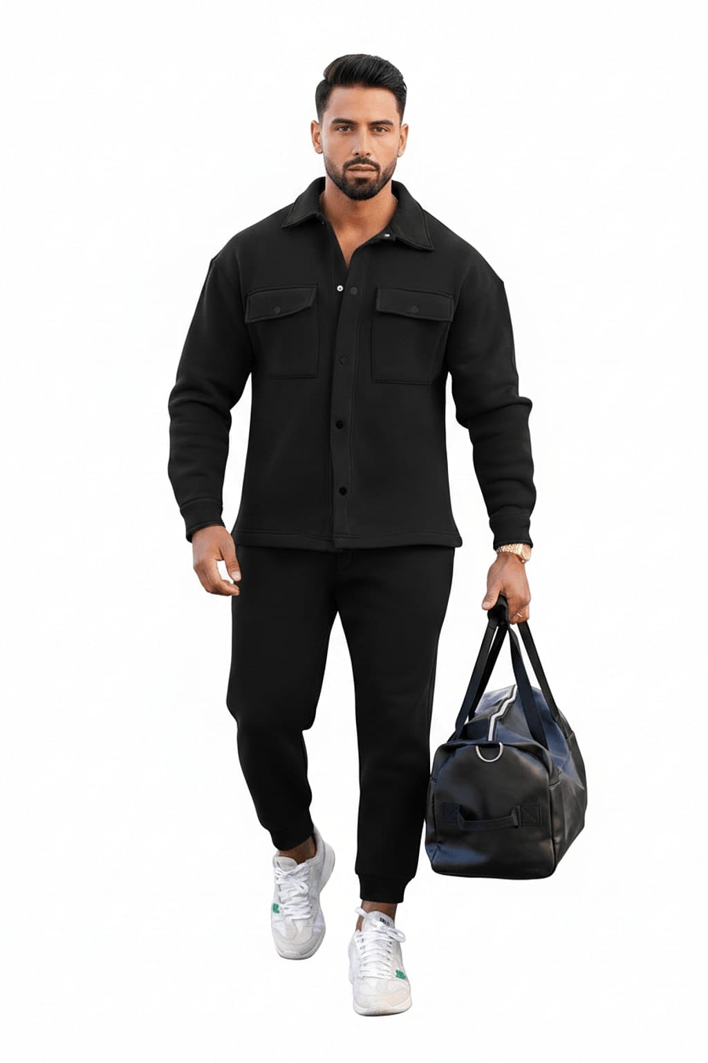 Men's Fleece Overshirt & Jogger Co-ord Set – Black Walking View