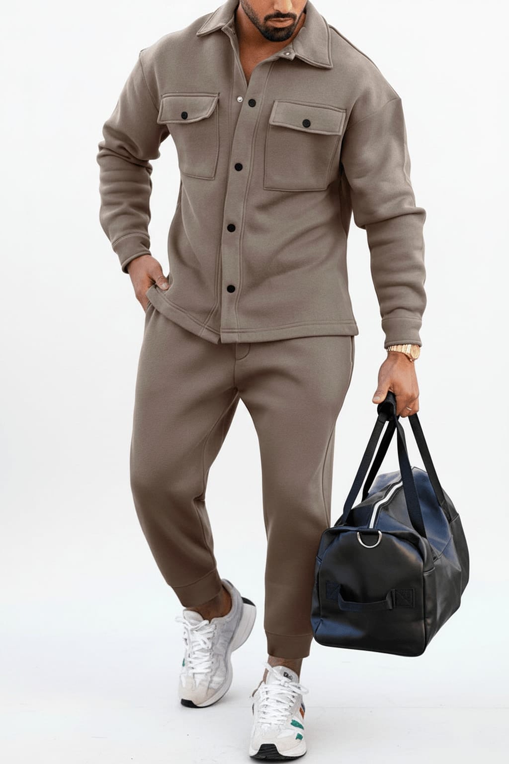 Men's Fleece Overshirt & Jogger Co-ord Set – Khaki Walking View