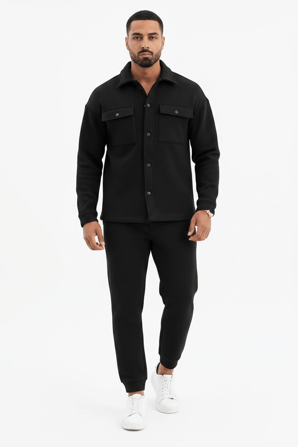 Men's Fleece Overshirt & Jogger Co-ord Set – Black Front View