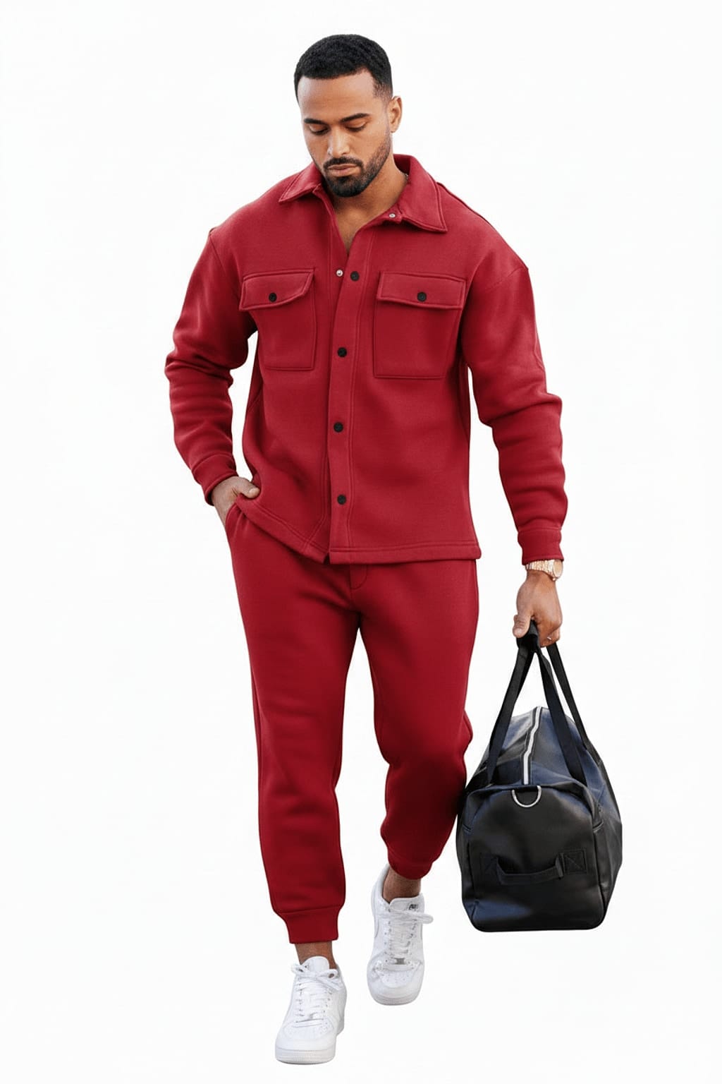 Men's Fleece Overshirt & Jogger Co-ord Set – Red Walking View