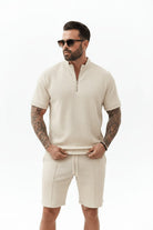 Men's Waffle-Knit Quarter-Zip Co-ord Set – Cream Model Front View