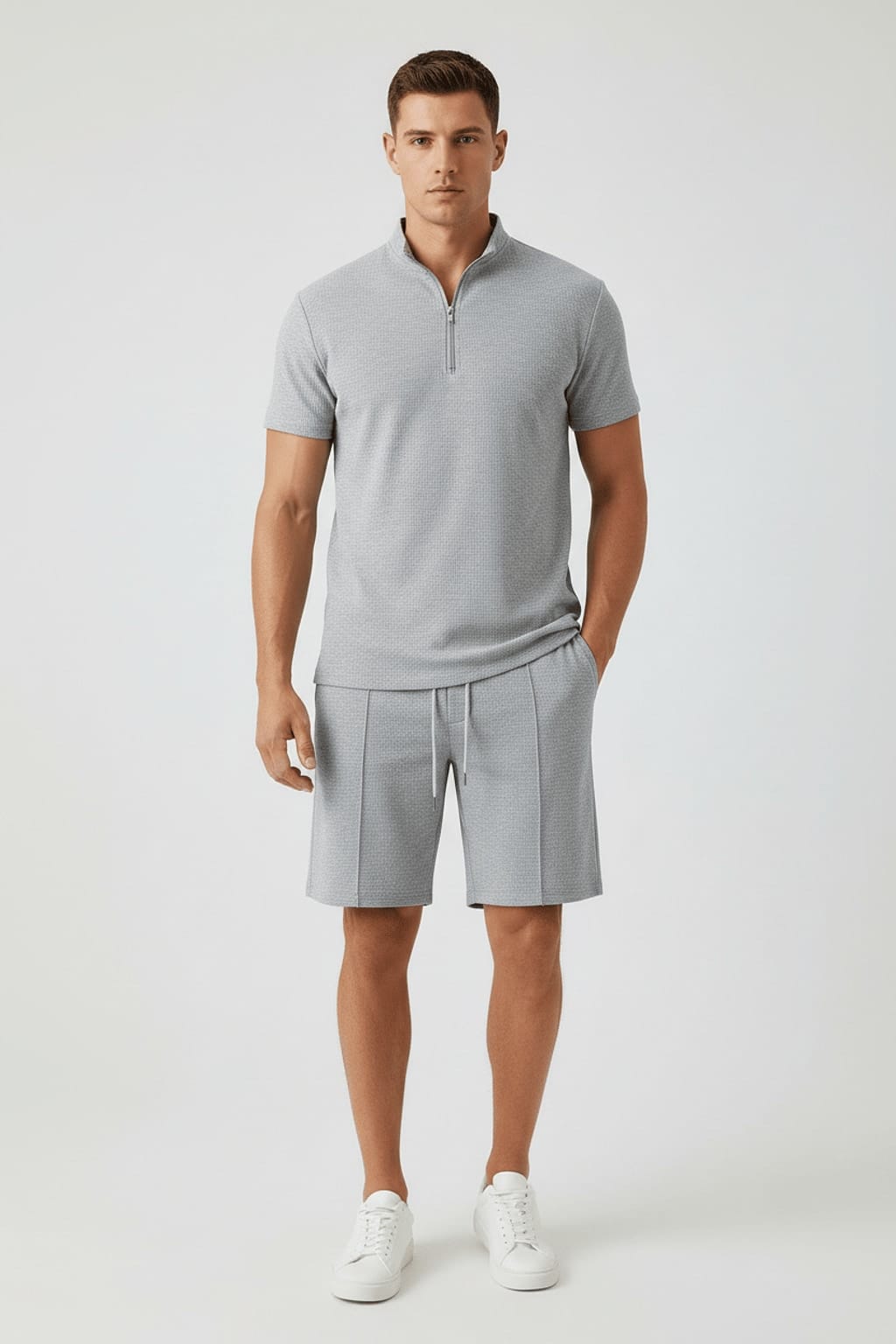 Men's Waffle-Knit Quarter-Zip Co-ord Set – Grey Front Flat Lay