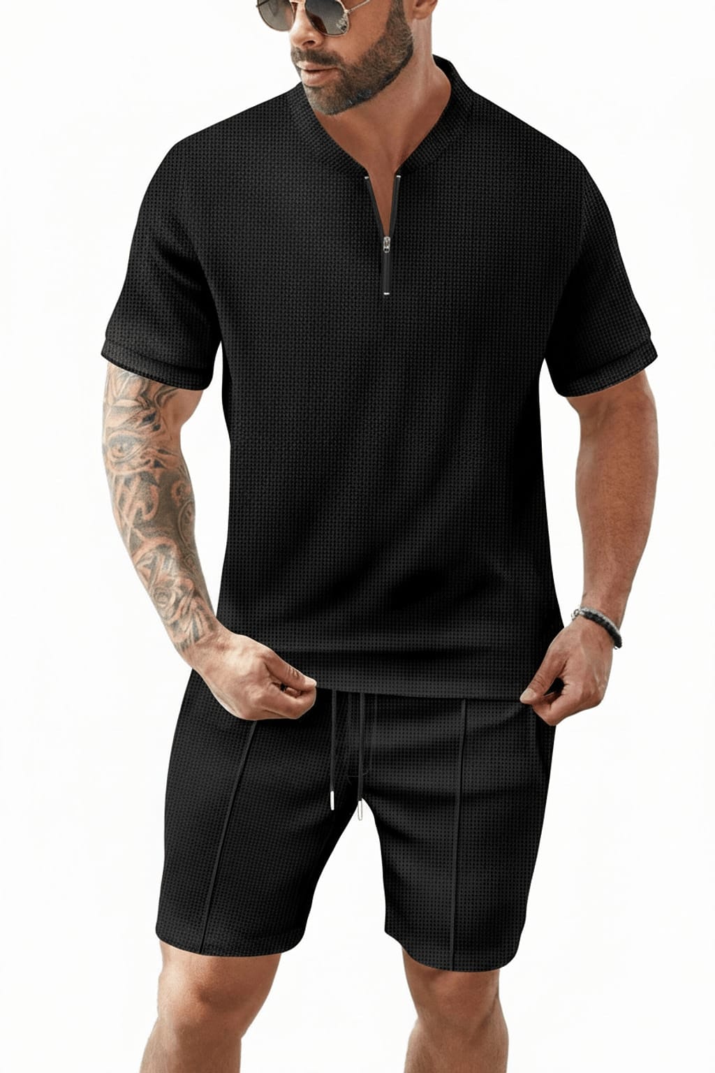 Men's Waffle-Knit Quarter-Zip Co-ord Set – Black Model Front View