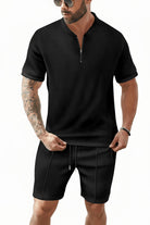 Men's Waffle-Knit Quarter-Zip Co-ord Set – Black Model Front View