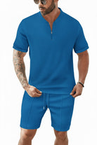 Men's Waffle-Knit Quarter-Zip Co-ord Set – Blue Model Front View