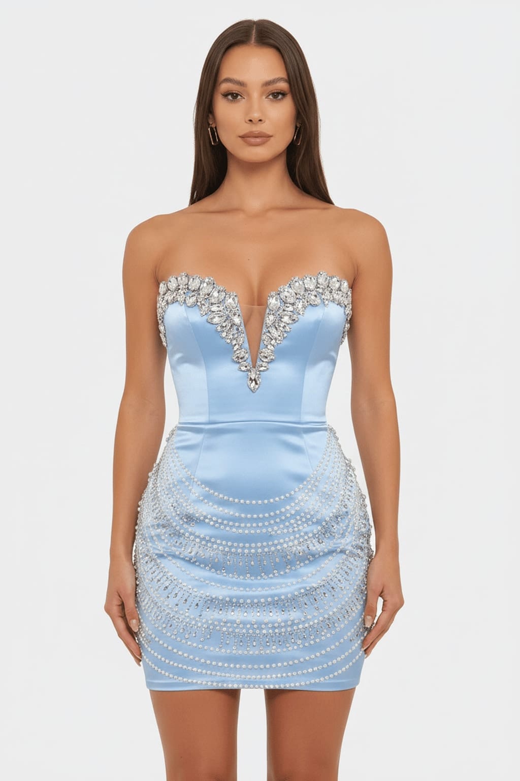 Strapless satin sweetheart rhinestone and pearl bodycon mini dress in baby blue front view
