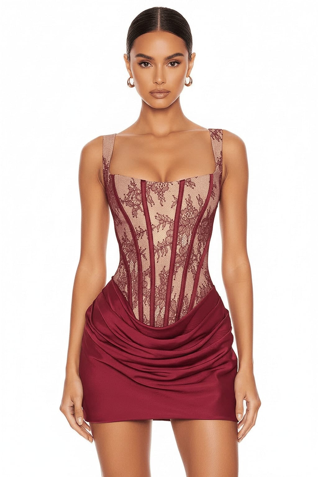 Burgundy corset lace bodice ruched satin mini dress front view