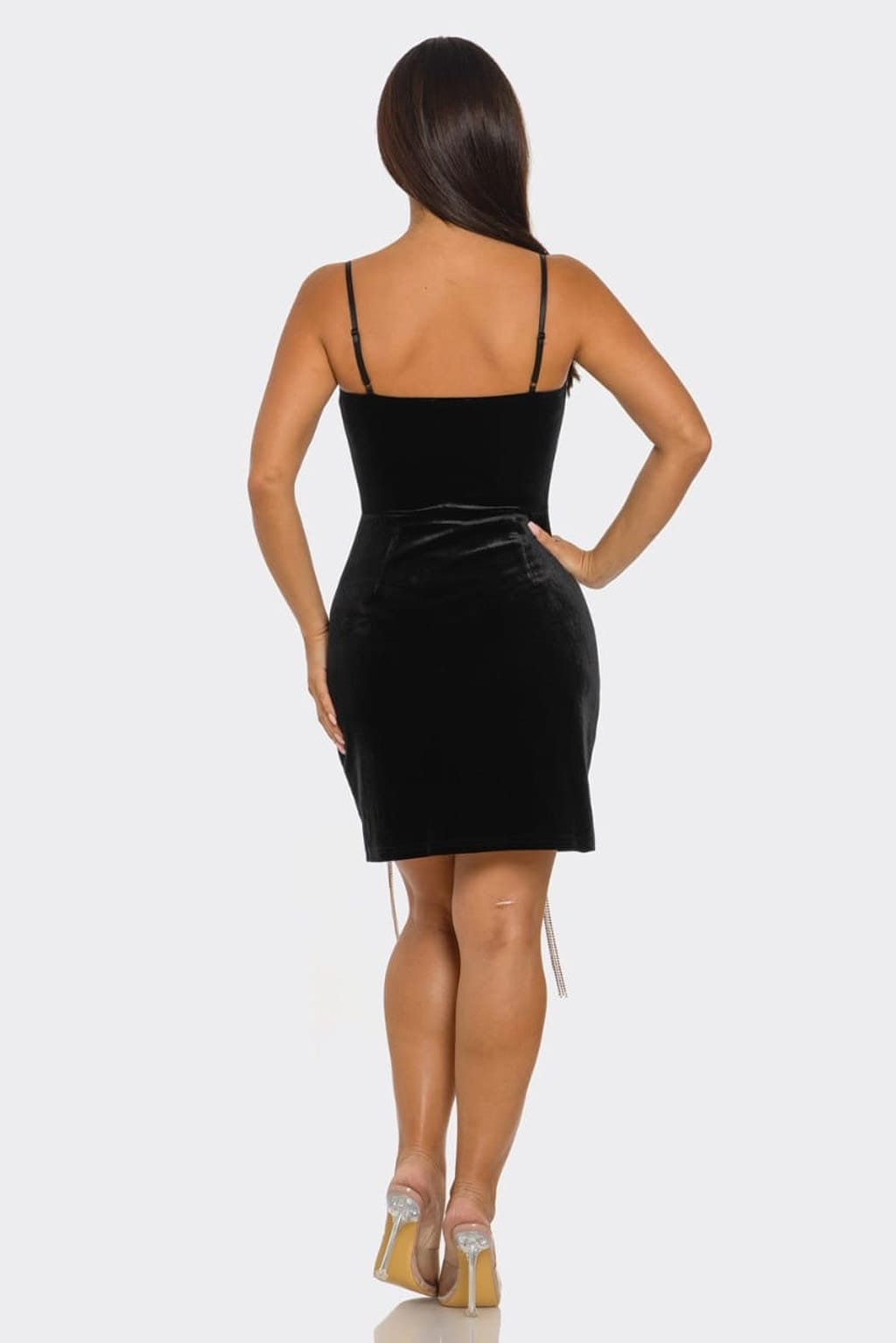 Black velvet spaghetti strap mini dress back view