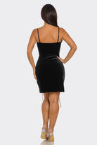 Black velvet spaghetti strap mini dress back view
