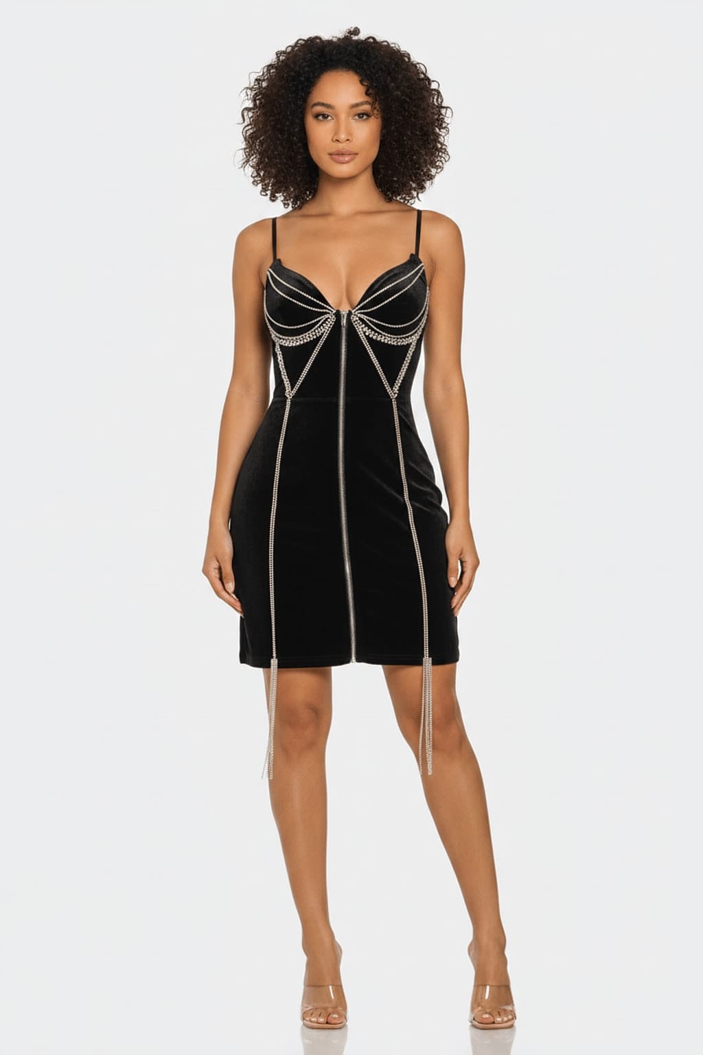 Midnight Spark black rhinestone velvet bodycon mini dress front view
