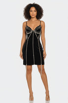 Midnight Spark black rhinestone velvet bodycon mini dress front view