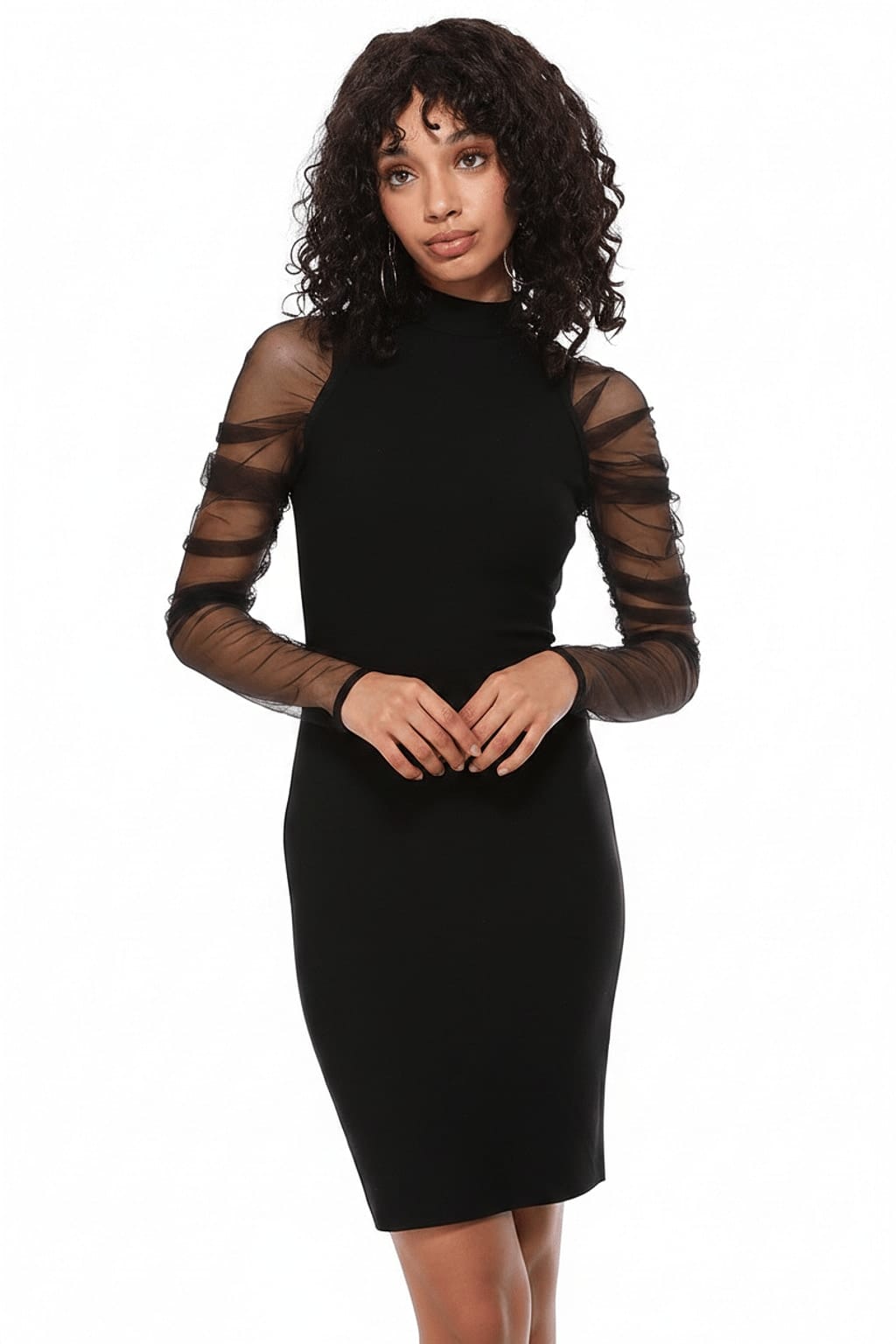 Black mock neck sheer mesh ruffle sleeve bodycon mini dress front view