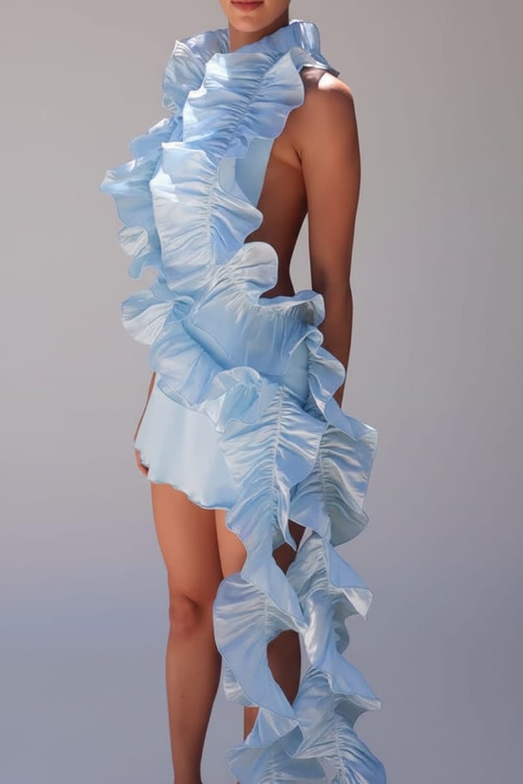 Blue Fantasy Baby Blue Ruffle Train Mini Dress - front view