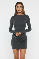 Charcoal grey long sleeve ruched waist bodycon mini dress with silver buckle front view
