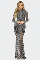 Black rhinestone pearl Art Deco long sleeve keyhole maxi gown front view