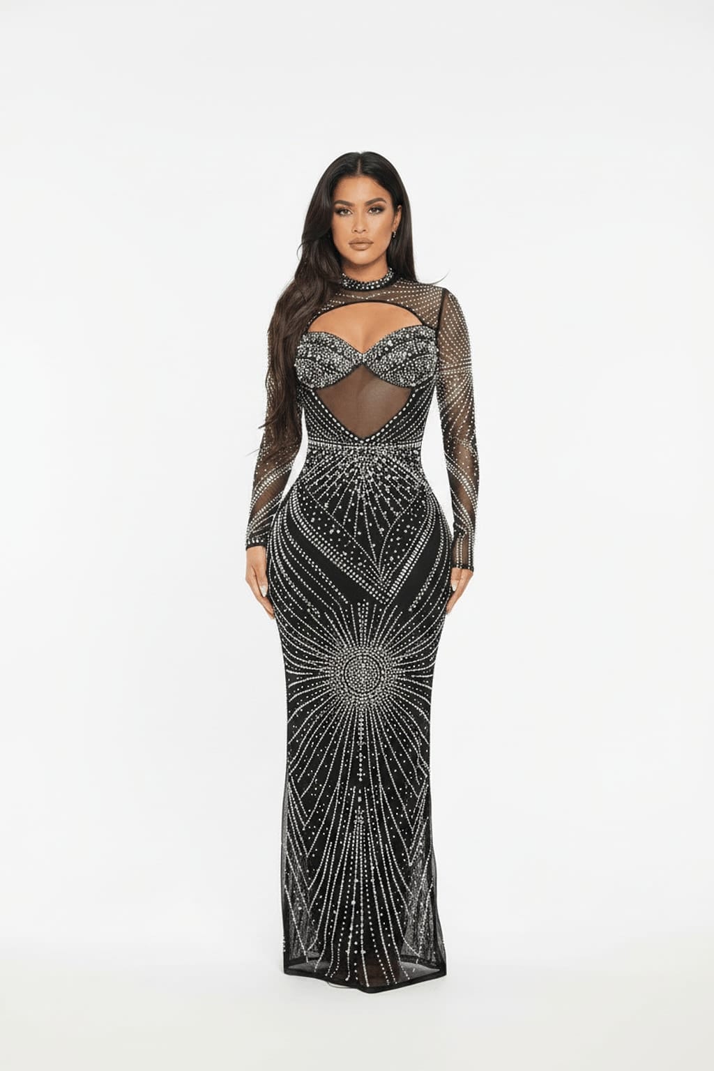 Black crystal baguette rhinestone cutout underwire maxi gown front view