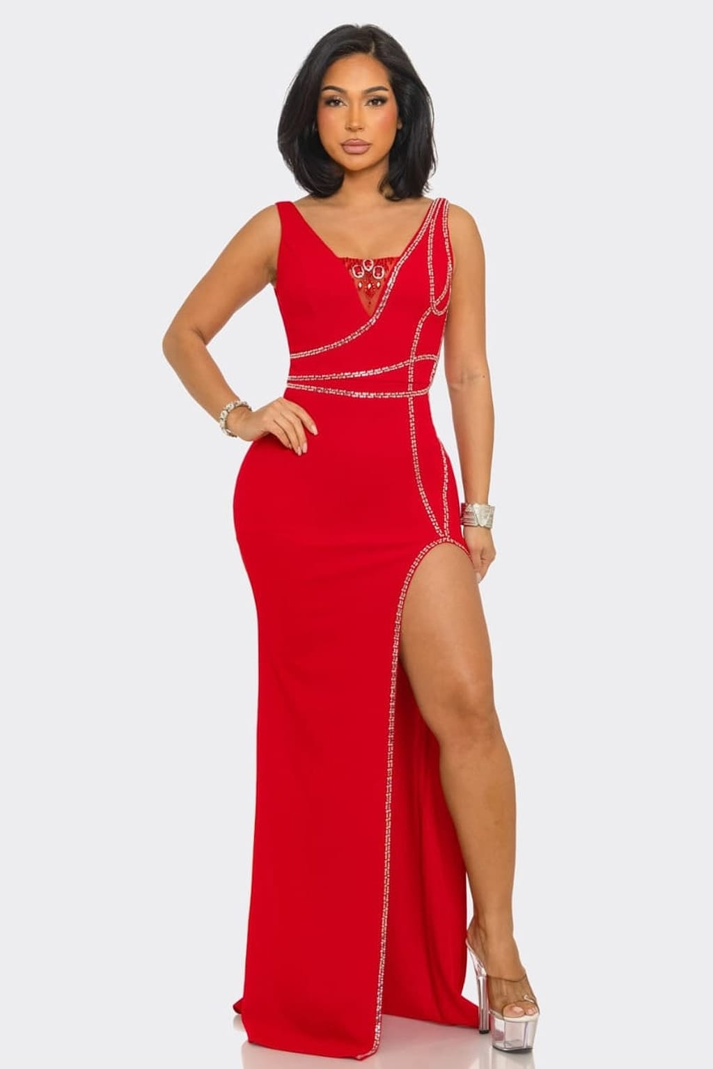 Women's Ruby Radiance Red Rhinestone Slit Maxi Gown
