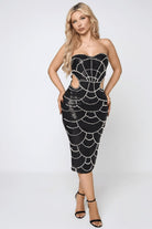 Black Pearl Beaded Spiderweb Bodycon Midi Dress - Three-Quarter Angle