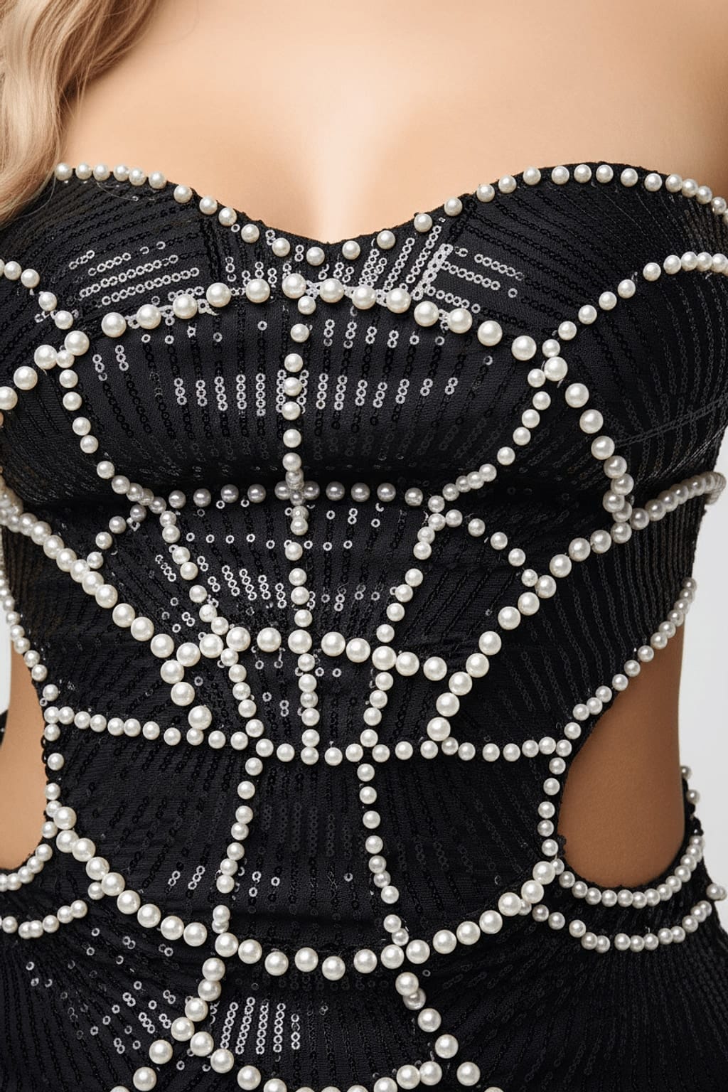 Black Pearl Beaded Spiderweb Bodycon Midi Dress - Pearl Detail Close-Up