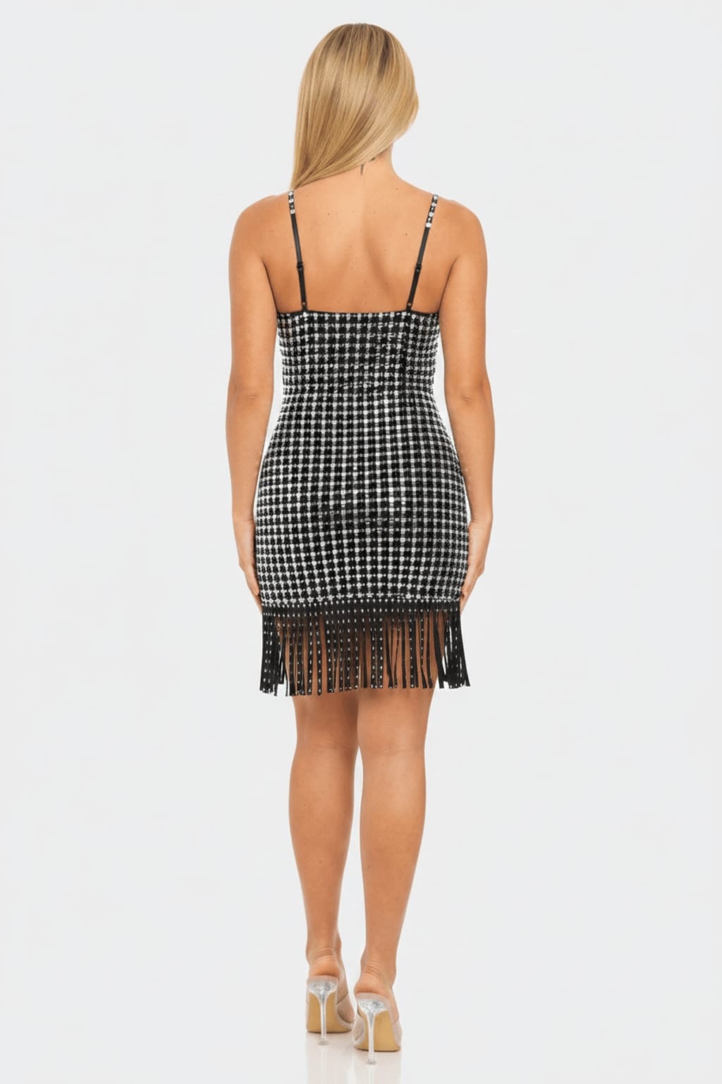 Silver Mirror Tile Rhinestone Fringe Mini Dress - Back View