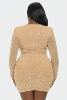 Nude Pearl Rhinestone Long Sleeve Plunge Bodycon Mini Dress - Back View