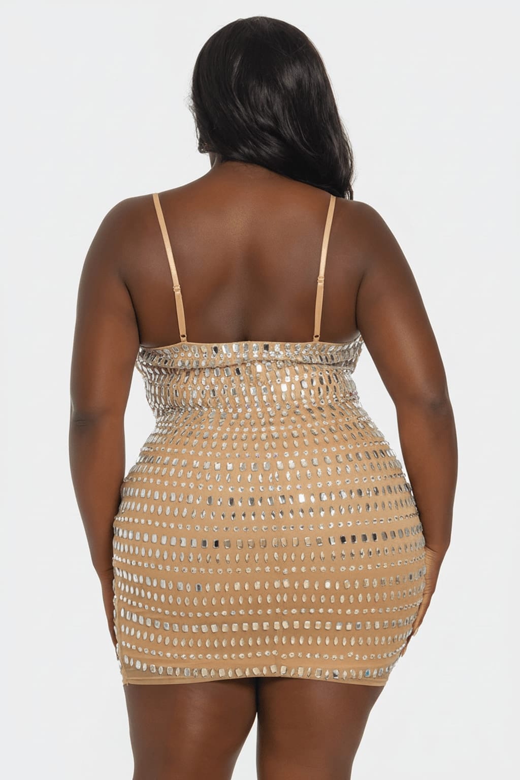 Gold Iridescent Mirror Rhinestone Mesh Bodycon Mini Dress - Back View