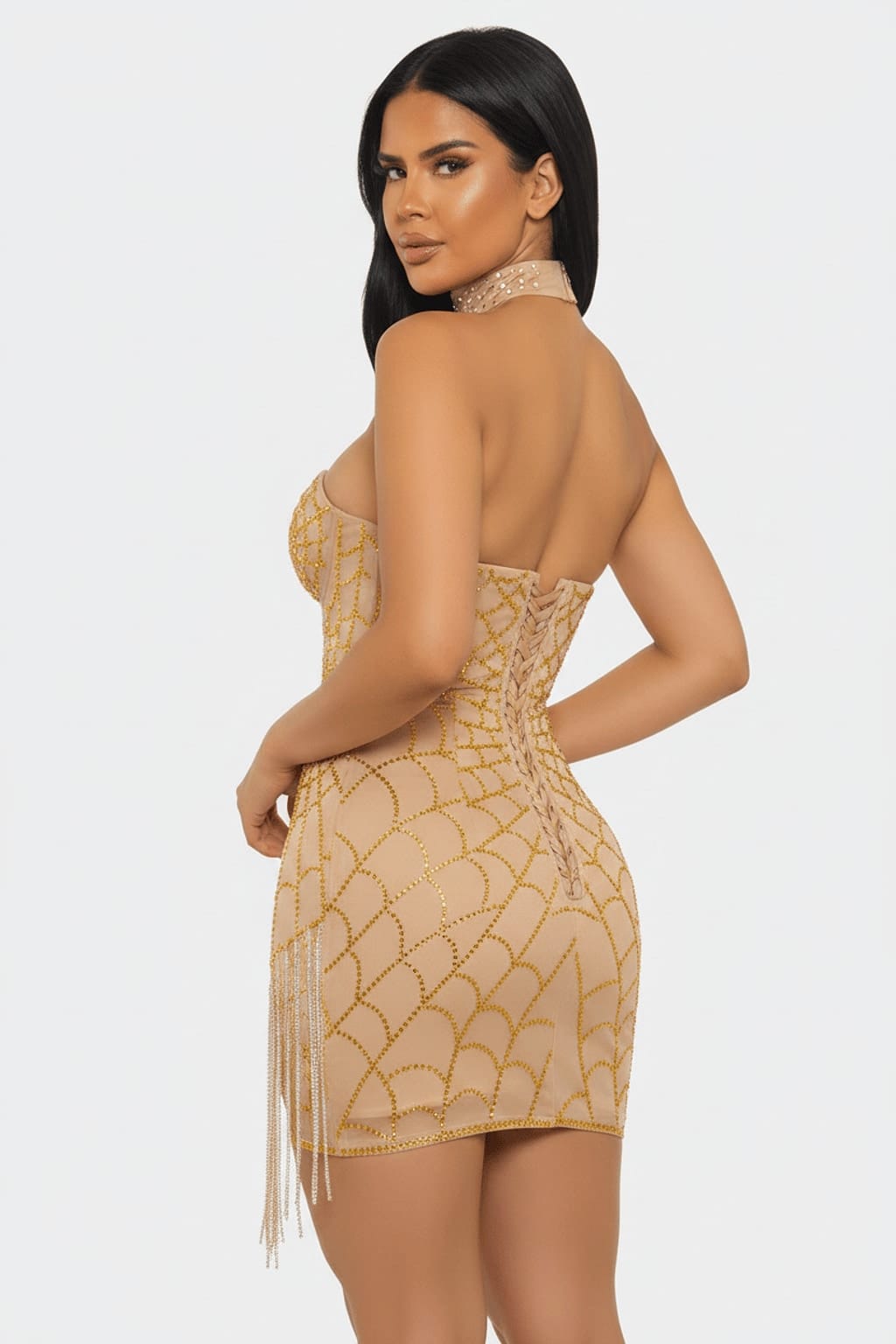 Champagne Royale Rhinestone Corset Mini Dress in champagne gold, open-back corset view