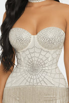 Champagne Royale Rhinestone Corset Mini Dress, close-up of hand-set crystal detail on the bustier