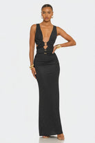 Red Allure Plunge Cutout Ruched Maxi Dress - full length view
