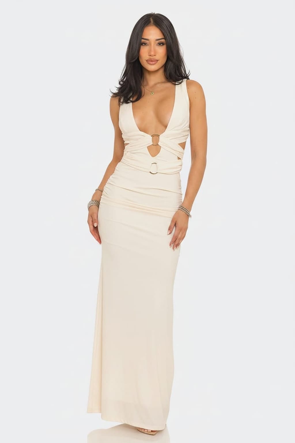 Red Allure Plunge Cutout Ruched Maxi Dress - alternate front view