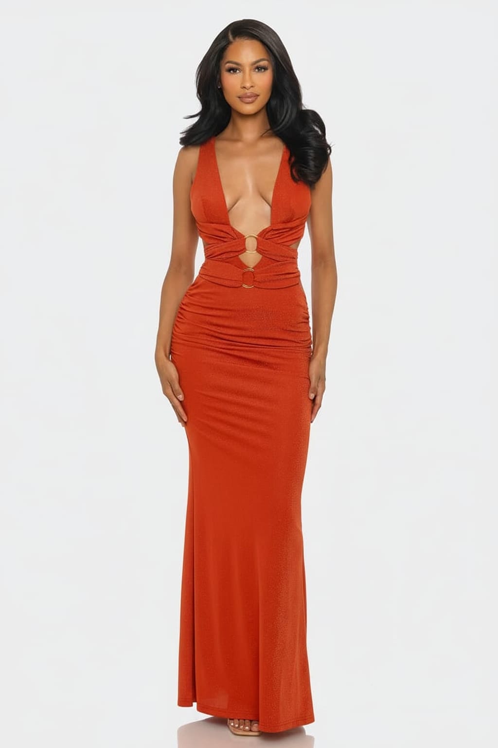 Red Allure Plunge Cutout Ruched Maxi Dress in red - front view
