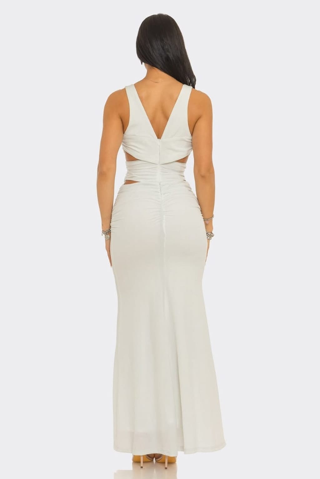 Red Allure Plunge Cutout Ruched Maxi Dress - close-up view