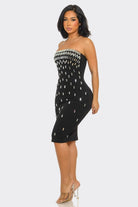 Midnight Dazzle Black Rhinestone Strapless Midi Dress - back view