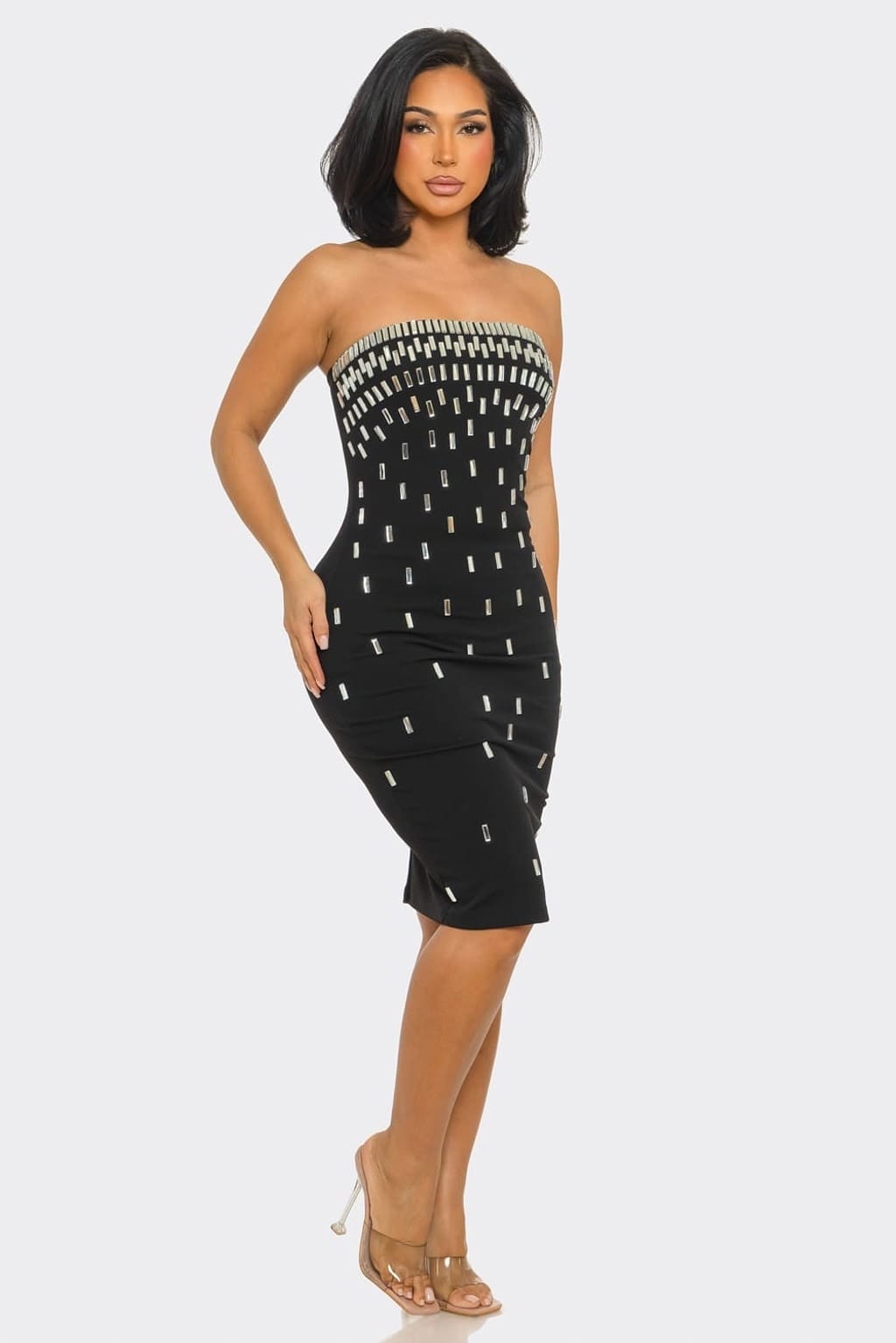 Midnight Dazzle Black Rhinestone Strapless Midi Dress - rhinestone detail