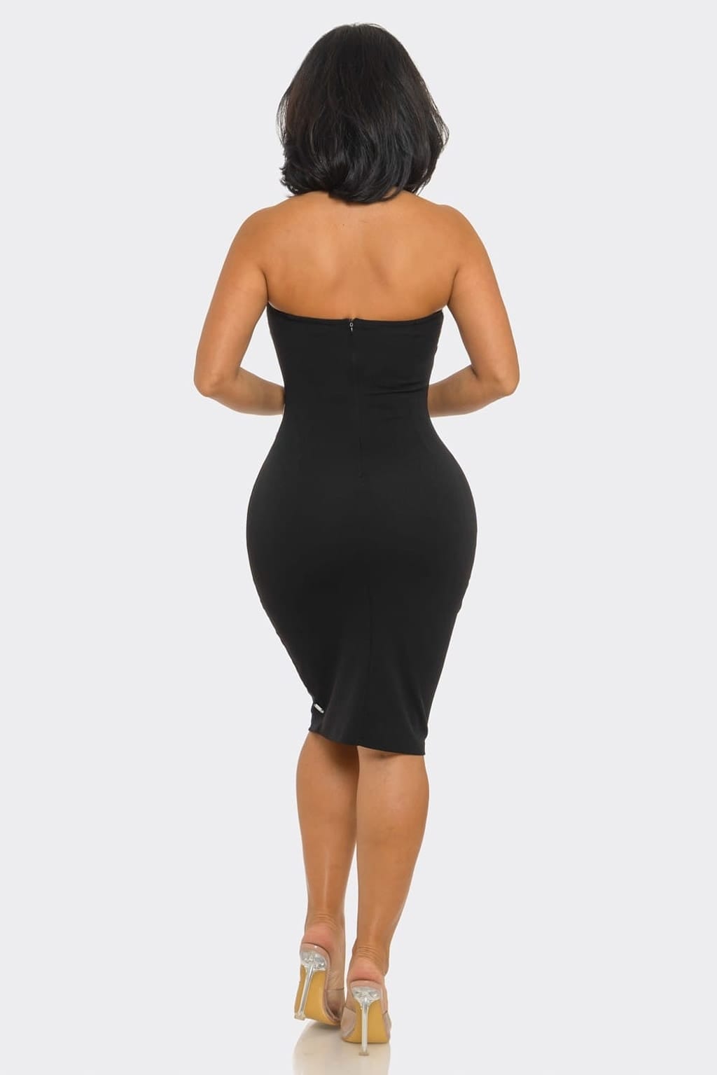 Midnight Dazzle Black Rhinestone Strapless Midi Dress - styled view